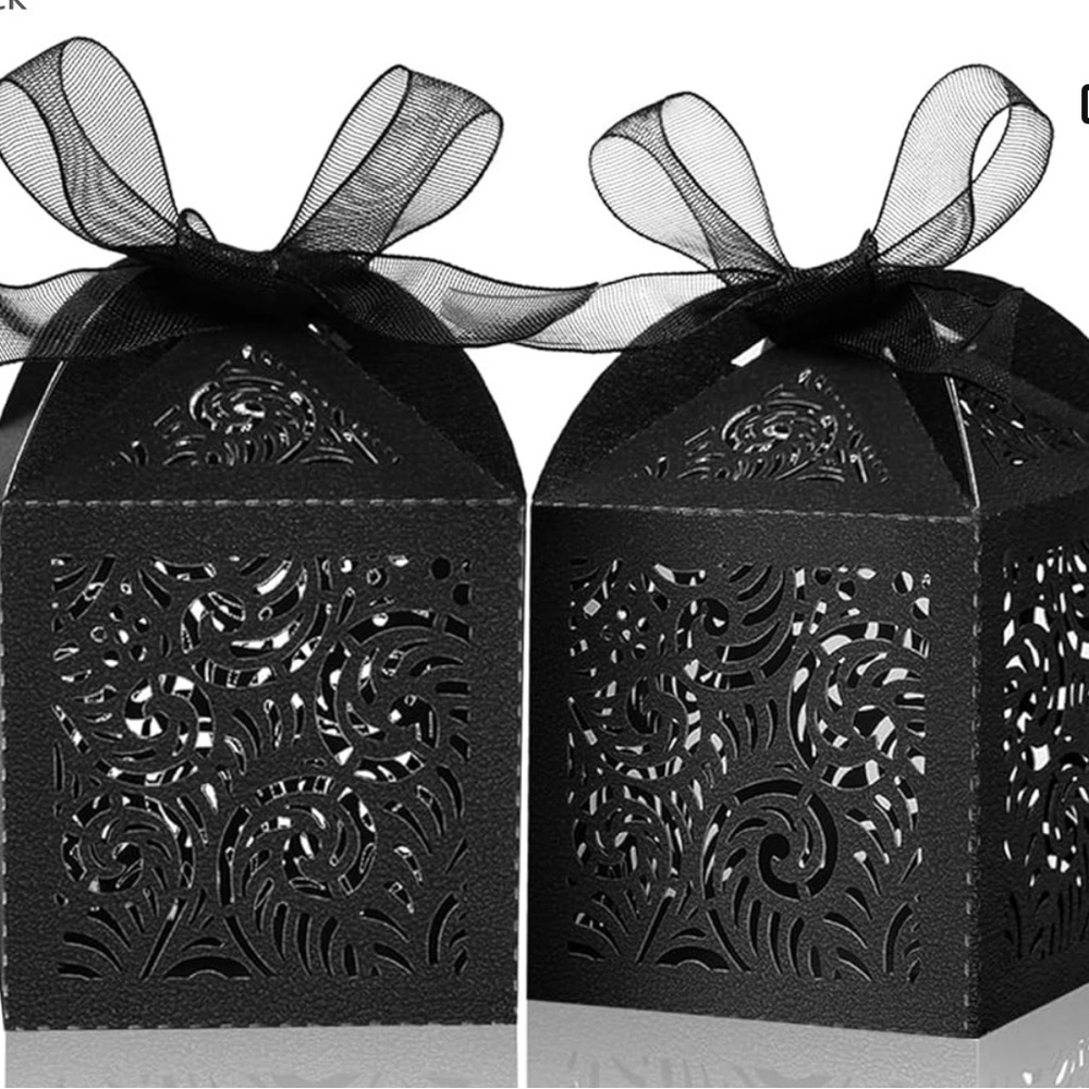 Laser Cut 2x2x3 party boxes black 200 pcs with ribbons